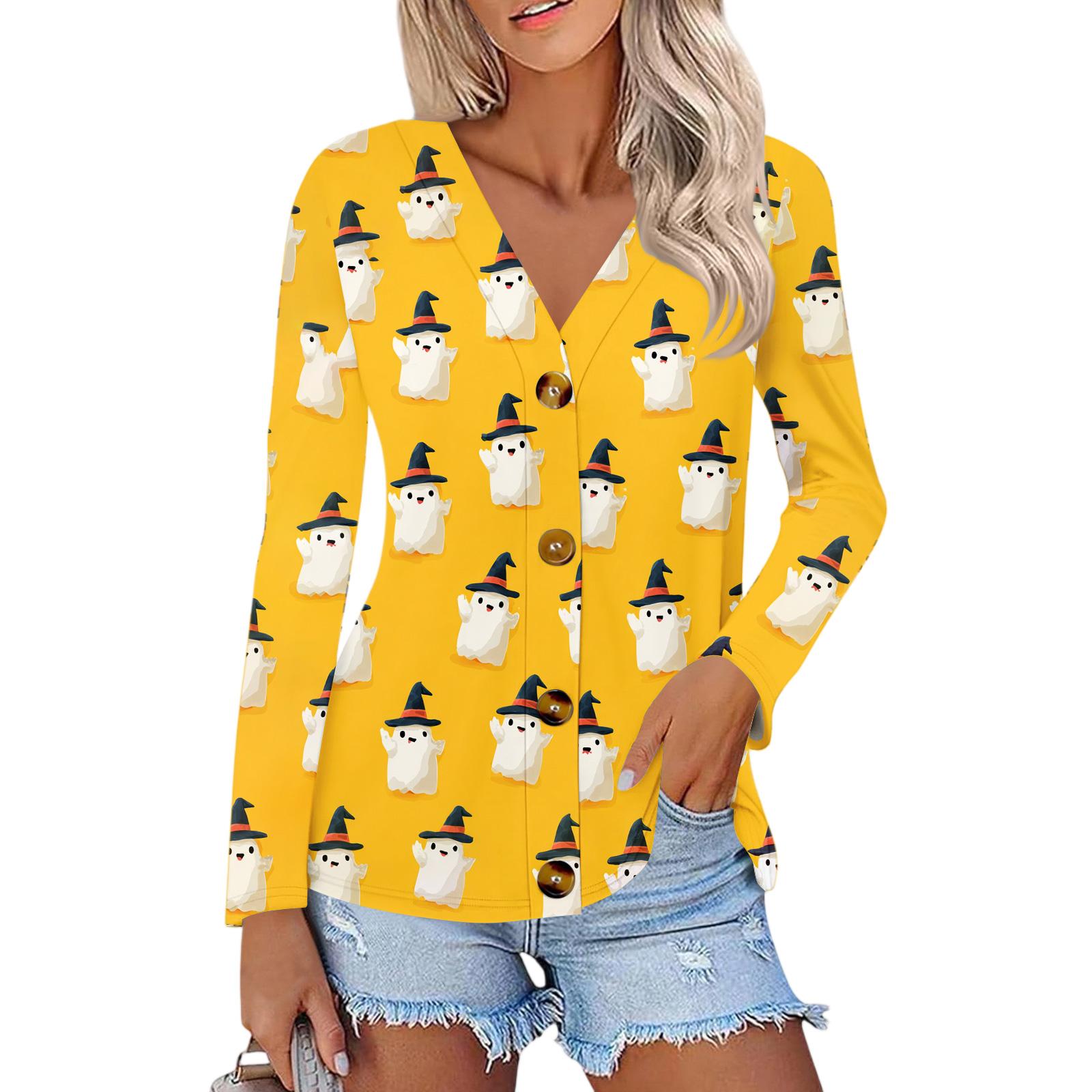 

Ladies Fashionable And Casual Halloween Printed Button Up Shirt Long Sleeved Top XXL