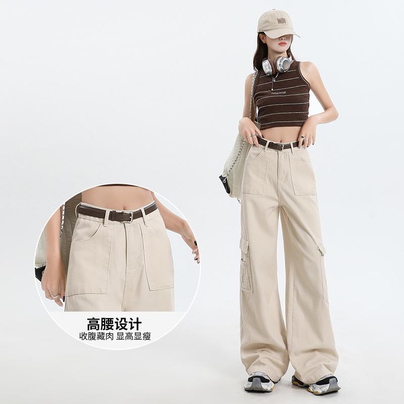 [Apricot Tooling] High Waist and Thin Loose Wide Leg Multi-pocket Tooling Pants, Trousers and Extended
