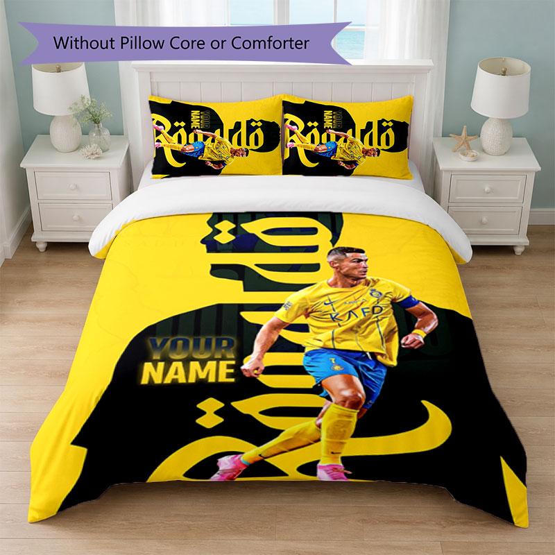 Set Biancheria da Letto Personalizzato Cristiano Ronaldo con Nome Testo 1 Copripiumino+2 Federe Logo Calcio Regalo Personalizzato per Occasione Speciale Arredamento Camera da Letto