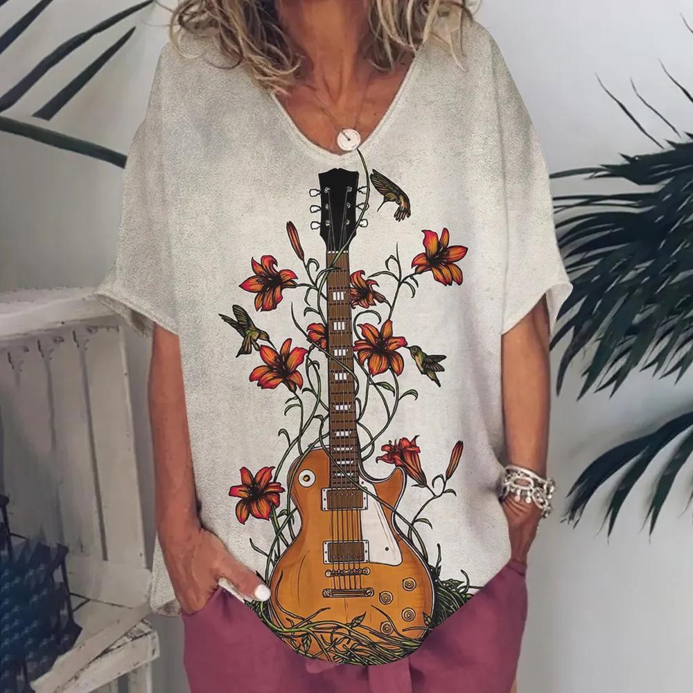 Ρούχα Γυναικεία με Λαιμόκοψη V Oversized Ρούχα Γυναικεία Κοντομάνικα Καλοκαίρι Ρετρό Μπλουζάκι Μόδες Βιολιά Μπλουζάκι με Εκτύπωση Streetwear