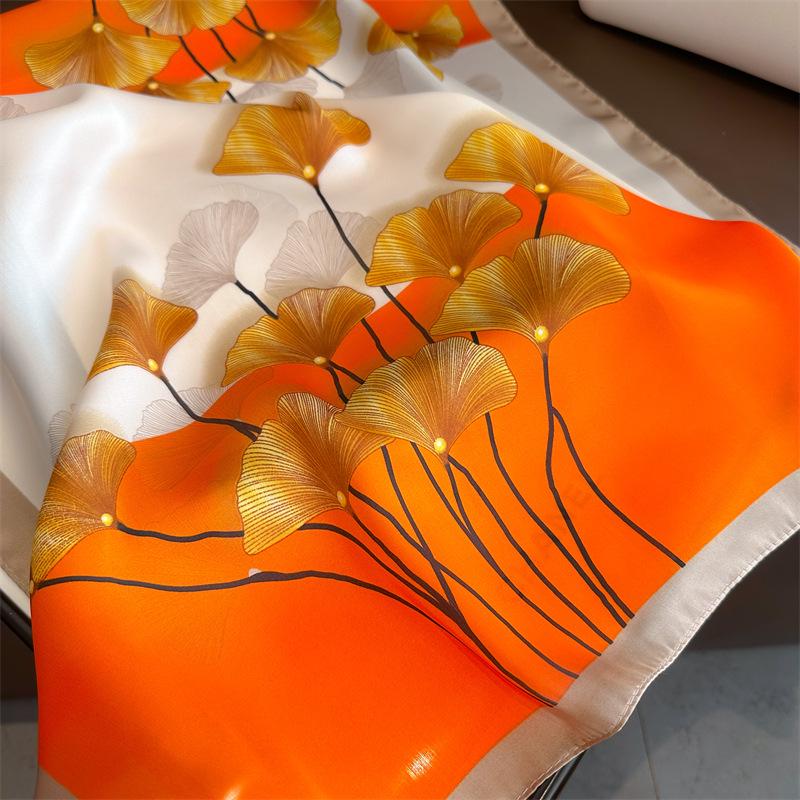 Elegant Ginkgo Leaf Print Silk Square Scarf – Versatile Headscarf for Spring and Summer