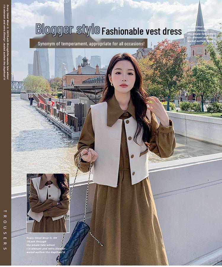 Women's Spring 2024 Long Sleeve Shirt Dress with Fashionable Vest - Two-Piece Set
