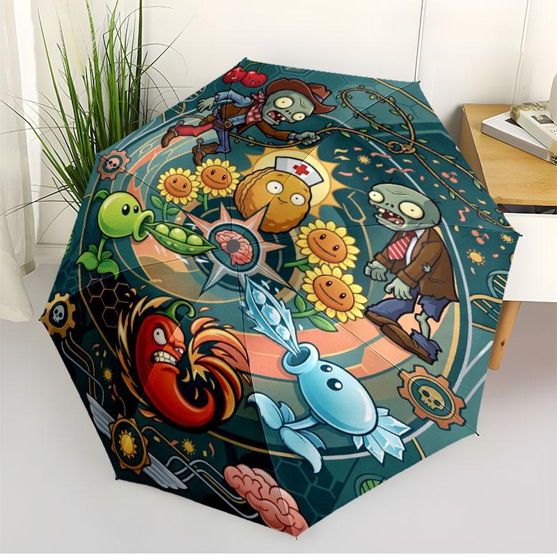 Plants VS Zombies Print Automatic Open Close Umbrella, Portable Foldable Umbrella, for Outdoor Commute Camping Trip, Ideal Birthday Gift