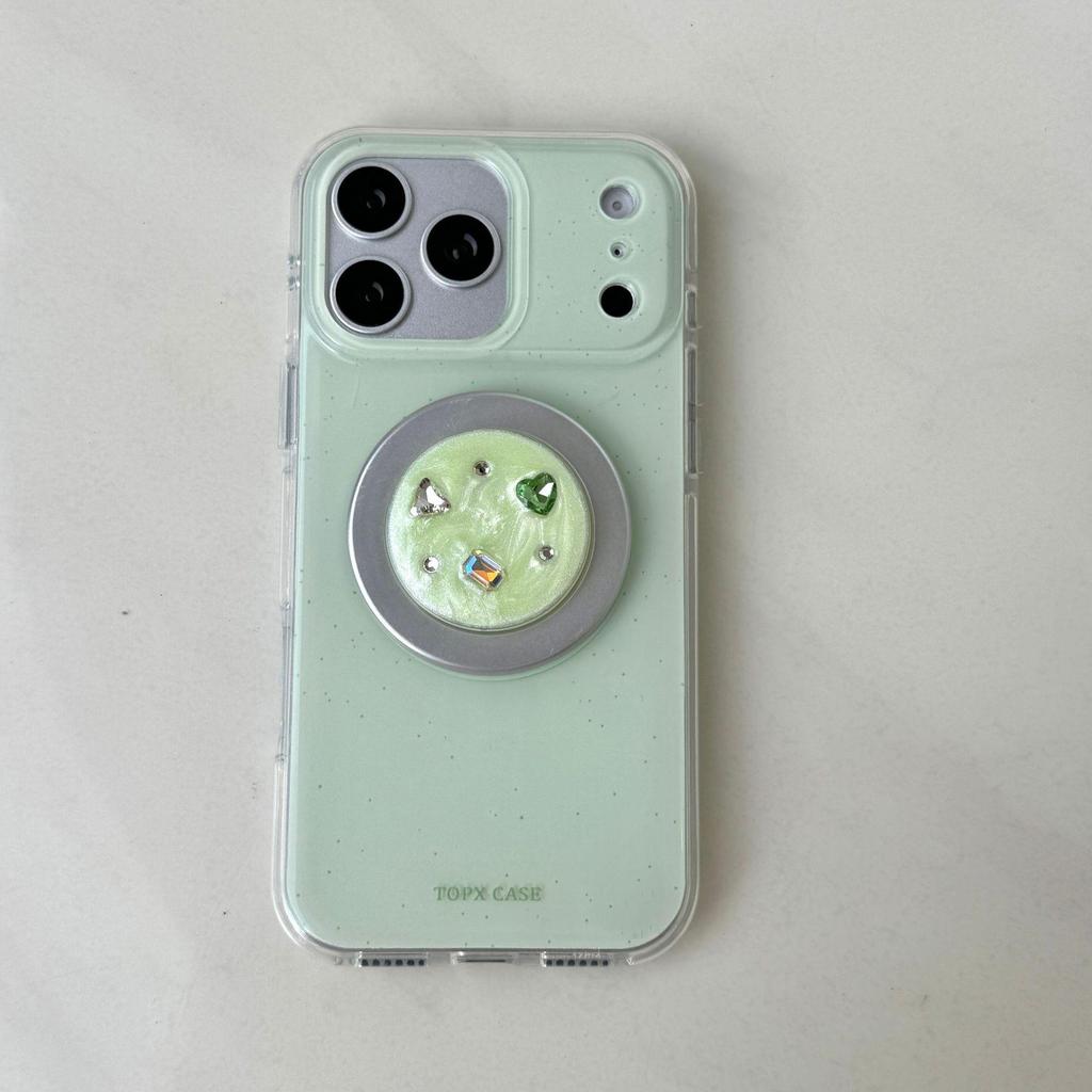 Minimalist Green Ink Splash Case with Gemstone Holder for iPhone 17 Pro Max/16/15/14