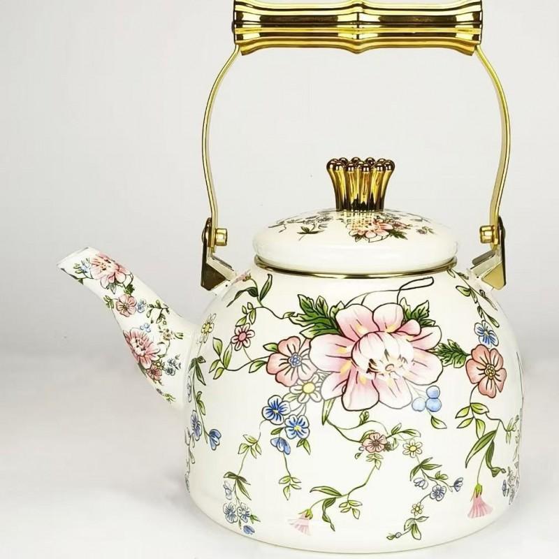 Vintage Emaille-Kessel Blumendekor 1,5L 2,5L 4,5L Eisenwasserkocher für Zuhause Küche Camping