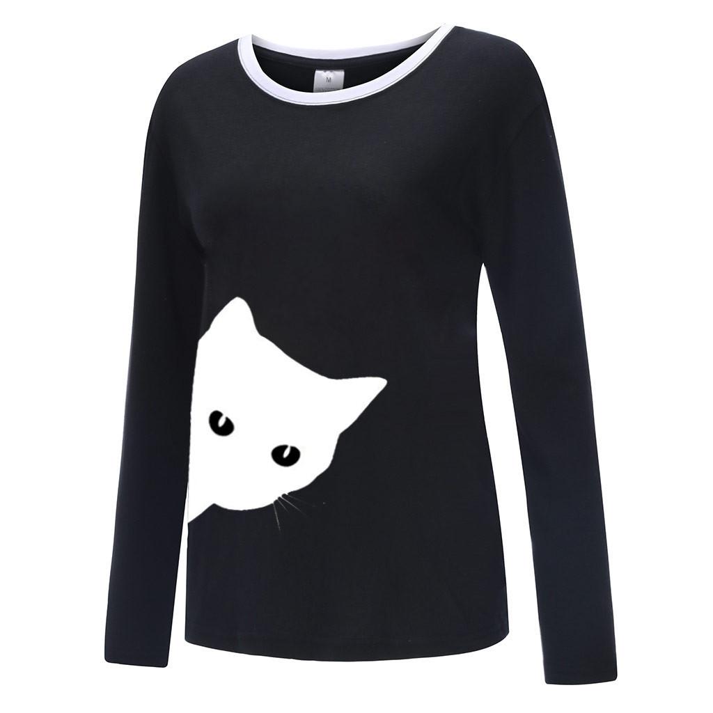 Womens Casual Cat Print Shirts  Long Sleeve Top Loose T-Shirt Blouse