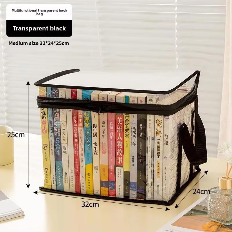 Space Saving Clear Transparent Book Storage Organizer with Sturdy Zipper Comfortable Handles for Bedroom Closet Storage