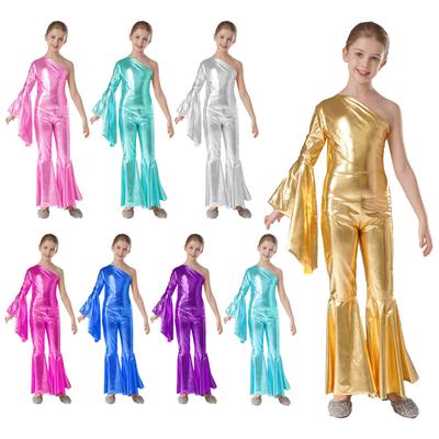 Meisjes Metallic Glanzend Bell Bottom Jumpsuit Eén Schouder Flared Mouw Danskostuum voor Carnavalsparty