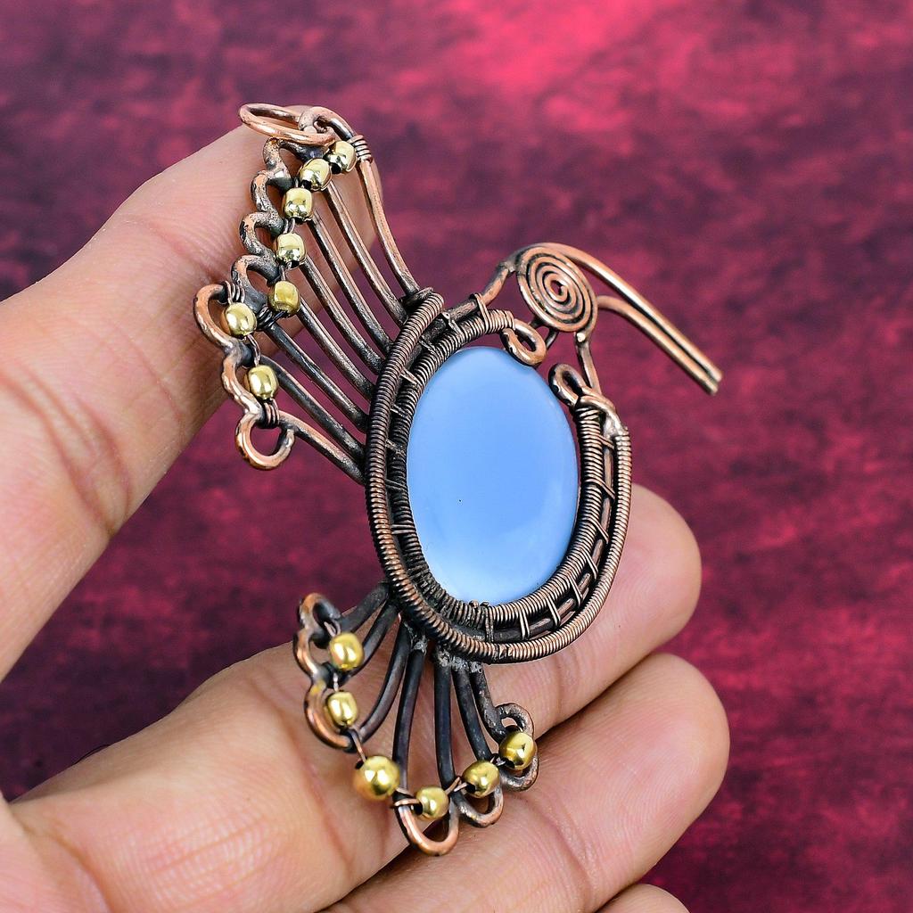 Owyhee Blue Opal Gemstone Pendant Copper Wire Wrapped Bird Jewelry Unique Pendant