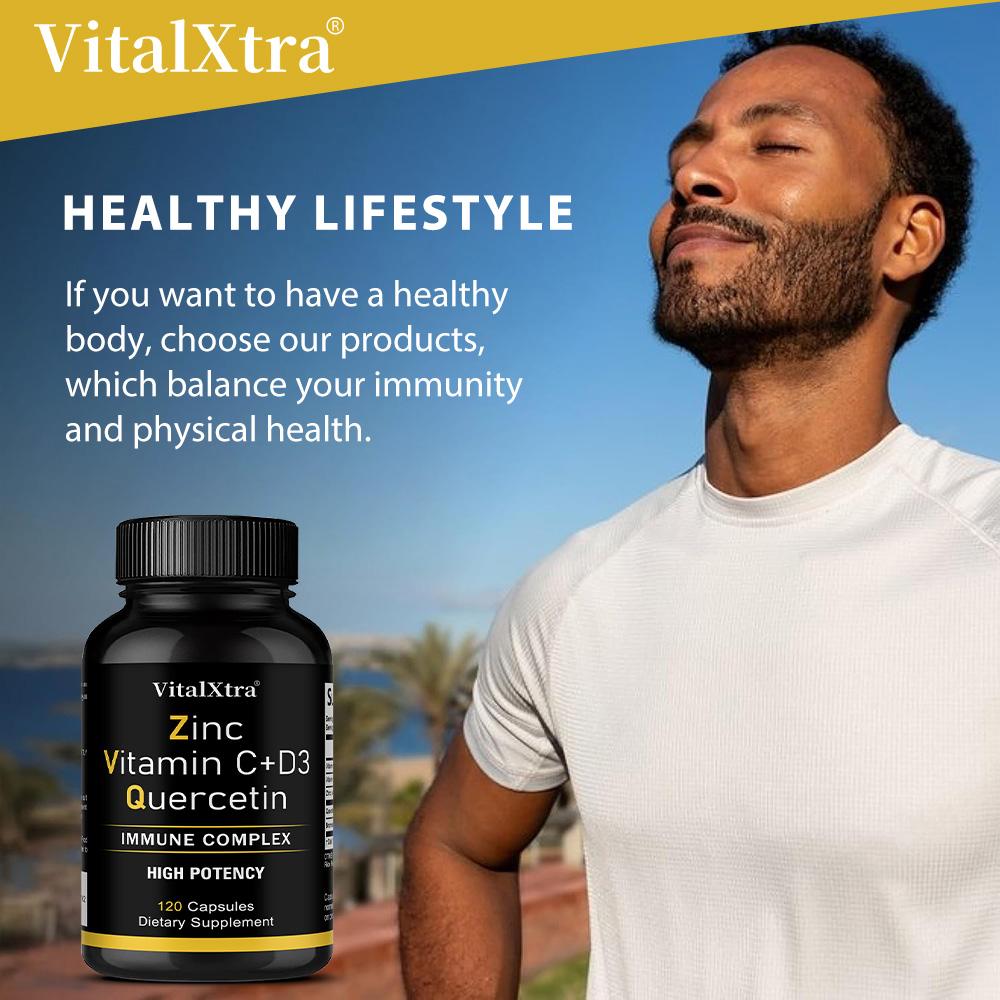 Zinc Quercetin 500 mg, containing Vitamin C, D3 and bromelain, 120 capsules, vegan formula.
