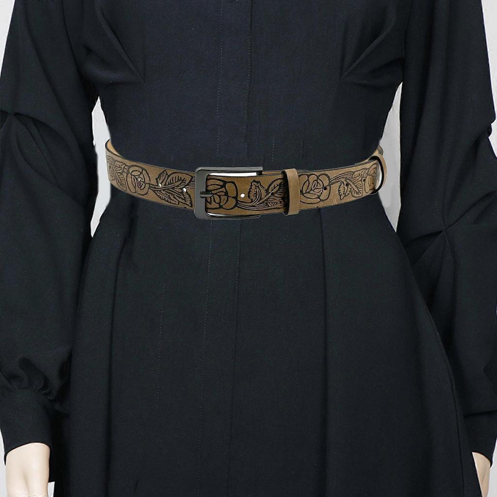 Aesthetic Wide Belt for Women Embossing Pattern Pin Buckle WaistBelt Fashion Waistband for Jeans Pants Adult Cowboy Belt  M