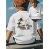 European Size Boys Crew Neck Short Sleeved T Shirt with Double Sided Camping Van Pattern Print