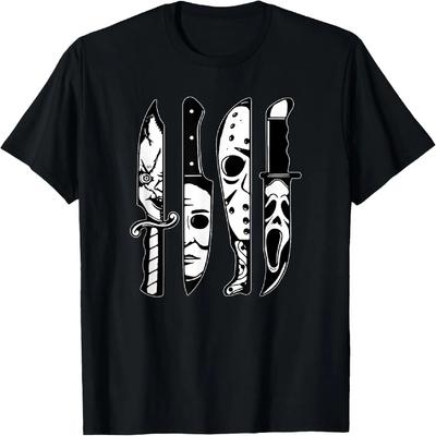 Horror Movie Characters In Knives T-Shirt Black Humor Vintage Nostalgia Classics All-match Short-sleev O-neck Streetwear