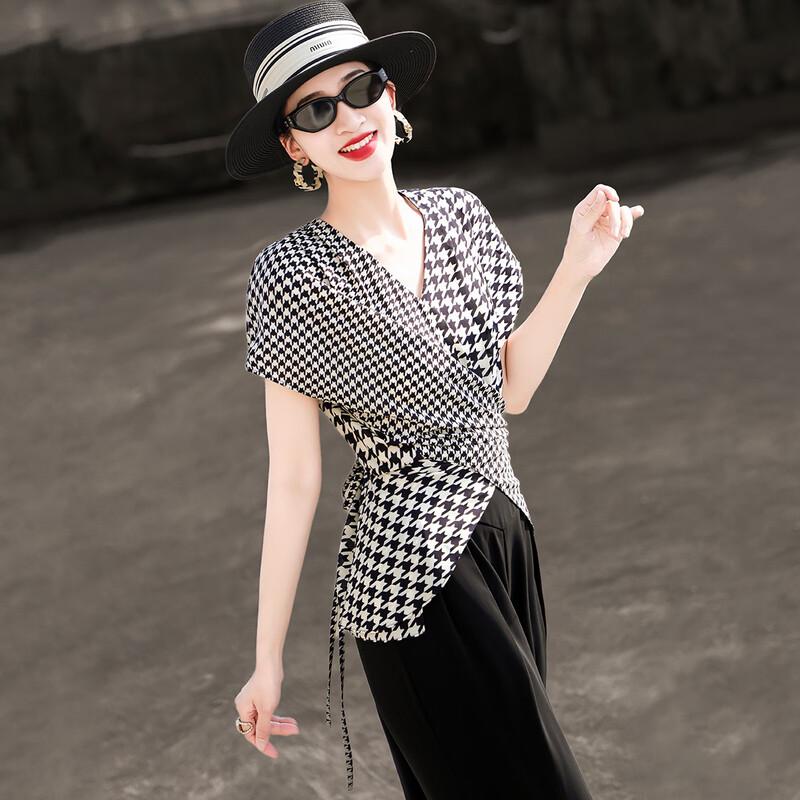 Lanser Women's French Retro Houndstooth Asymmetric V-neck Tie Shirt