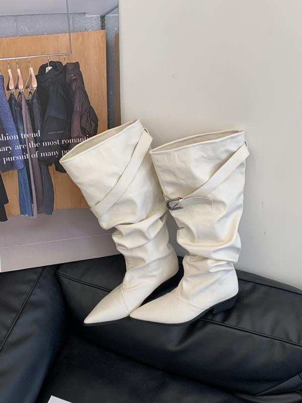 Pointed pile boots autumn and winter new belt buckle high knight boots thick heel pleated boots