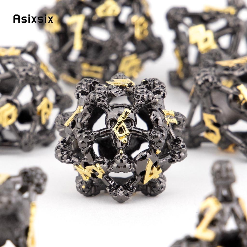 7 Pcs Black Yellow Skull Head Metal Dice Hollow Metal Polyhedral Dice Set Suitable for Role-Playing RPG  Board Game Card Game