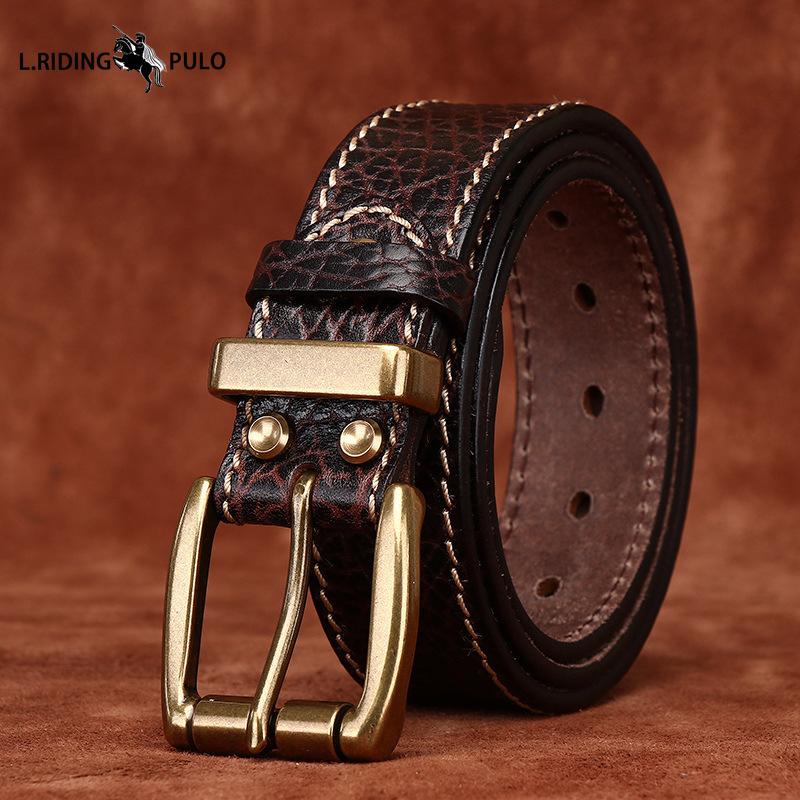 Thickened Bison Leather Embossed Retro Personality Belt Men's Genuine Leather Top Layer Cowhide Denim Belt