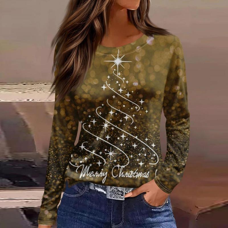 Women's Christmas Themed Round Neck Long-sleeved T-shirt with Colorful Christmas Tree Print and Comfortable Polyester Pullover