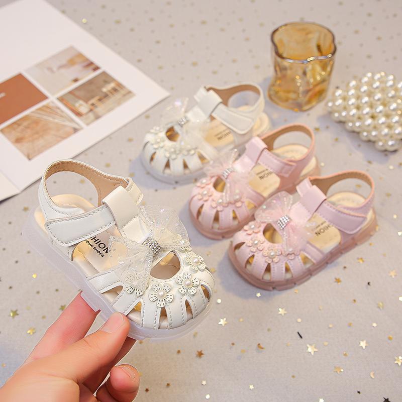 Girls Princess Sandals Lace Bows Hollowed-out Kids Beach Shoes T-strap Soft Sole 2025 Summer New Baby Walking Shoes Size 15-26