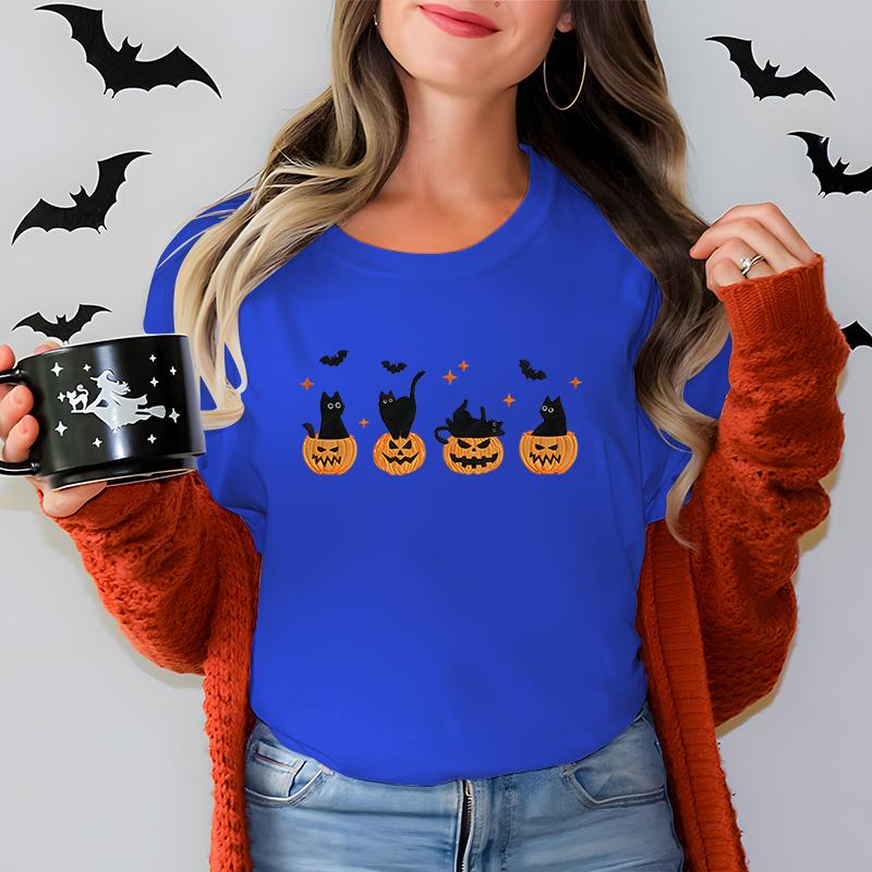 Black Cat Pumpkin Graphic T Shirts Women Trendy Halloween Retro Essential Classic Tops Cat Lover Spooky Season Halloween Tshirt