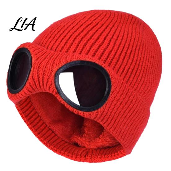 Cold Protection Knit Cap Knitted Hat with Goggles, Unisex Winter Hat, Fleece Lined, Windproof Soft Acrylic Warm Skull for Outdoor Cycling Skiing