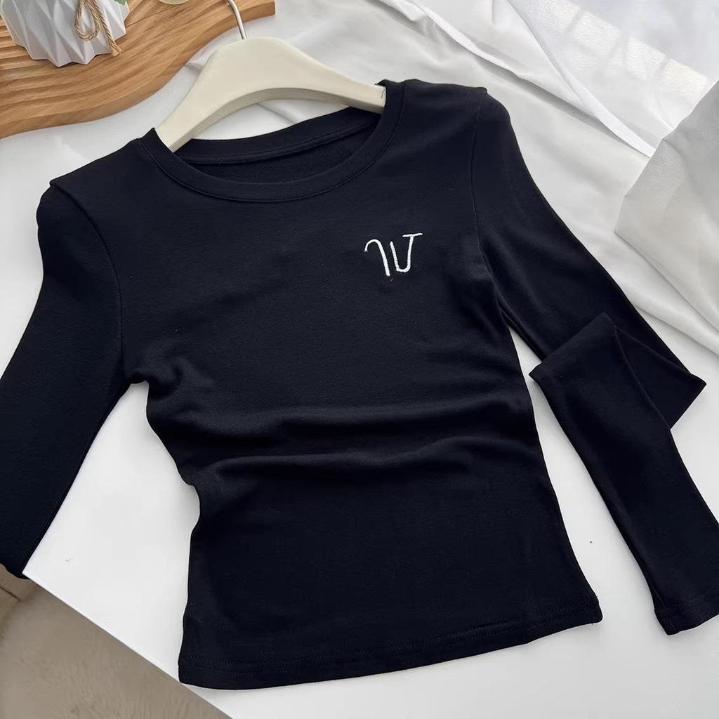 Korean Style Women's Spicy Girl Embroidered Thermal Fleece T-shirt - Autumn/Winter Round Neck, Long Sleeve, Regular Shoulder Base Layer Top
