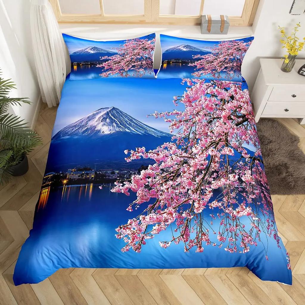 Japanese Fuji Mountain Duvet Cover Set Crane Bedding Set Watercolor Nature Tree Branches Comforter Cover Traditional Quilt Cover