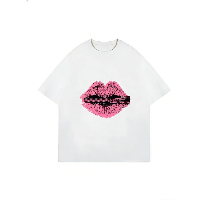 Camiseta Casual Blanca Rosa Labios Estampado con Cremallera para Uso Diario y Atuendos de Moda