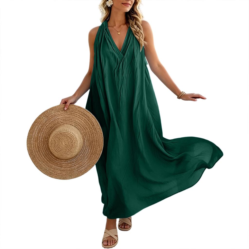 Women Sleeveless Loose Fit Maxi Dress with Pockets Elegant V Neck Solid Casual Long Dress for Summer Beach Holiday