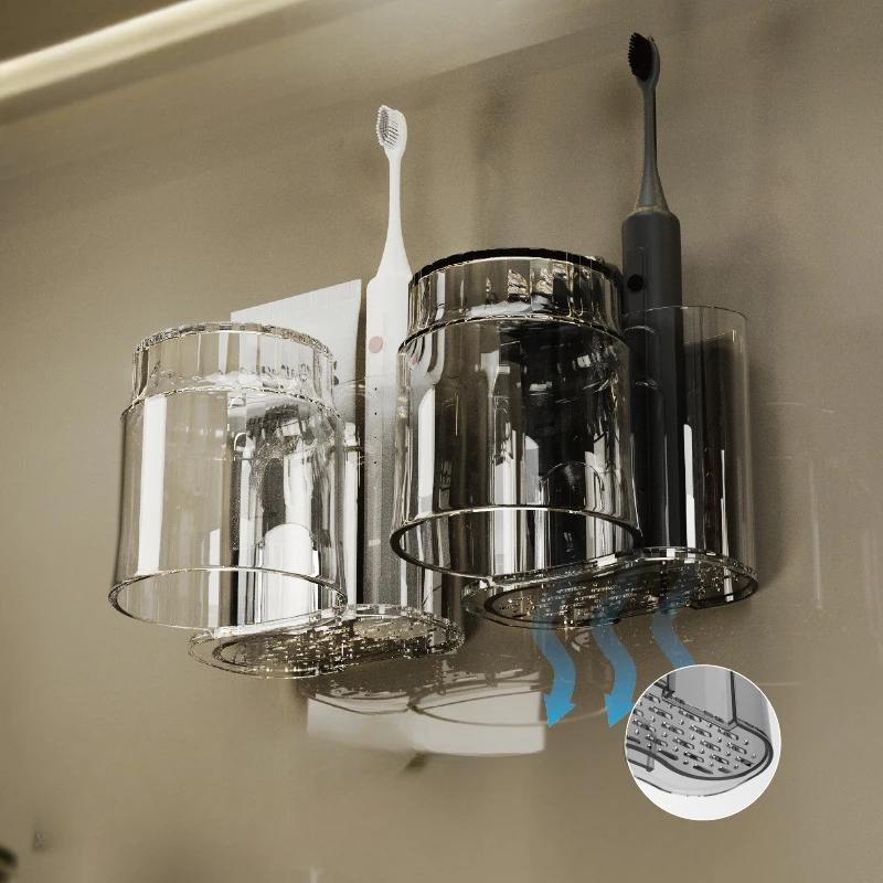 Toothbrush Holder with Mouthwash Cup Wall Mounted Toothbrush Storage Rack Toothpaste Organizer Holder Bathroom Washing Shelf