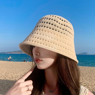 Straw Hat Breathable Face Small Knitted Bucket Hat Women's Vacation Seaside Beach Leisure Sun Hat