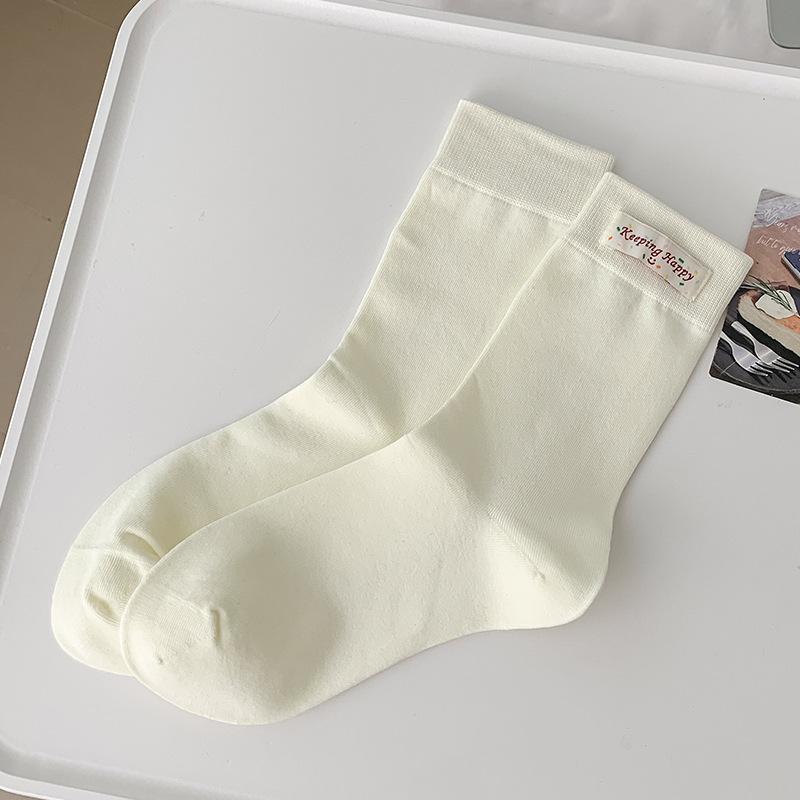 Cloth Label Pile Socks, Girls' Solid Color Simple Style Socks, Spring and Summer Versatile Mid-calf Socks, Women's Cotton Socks