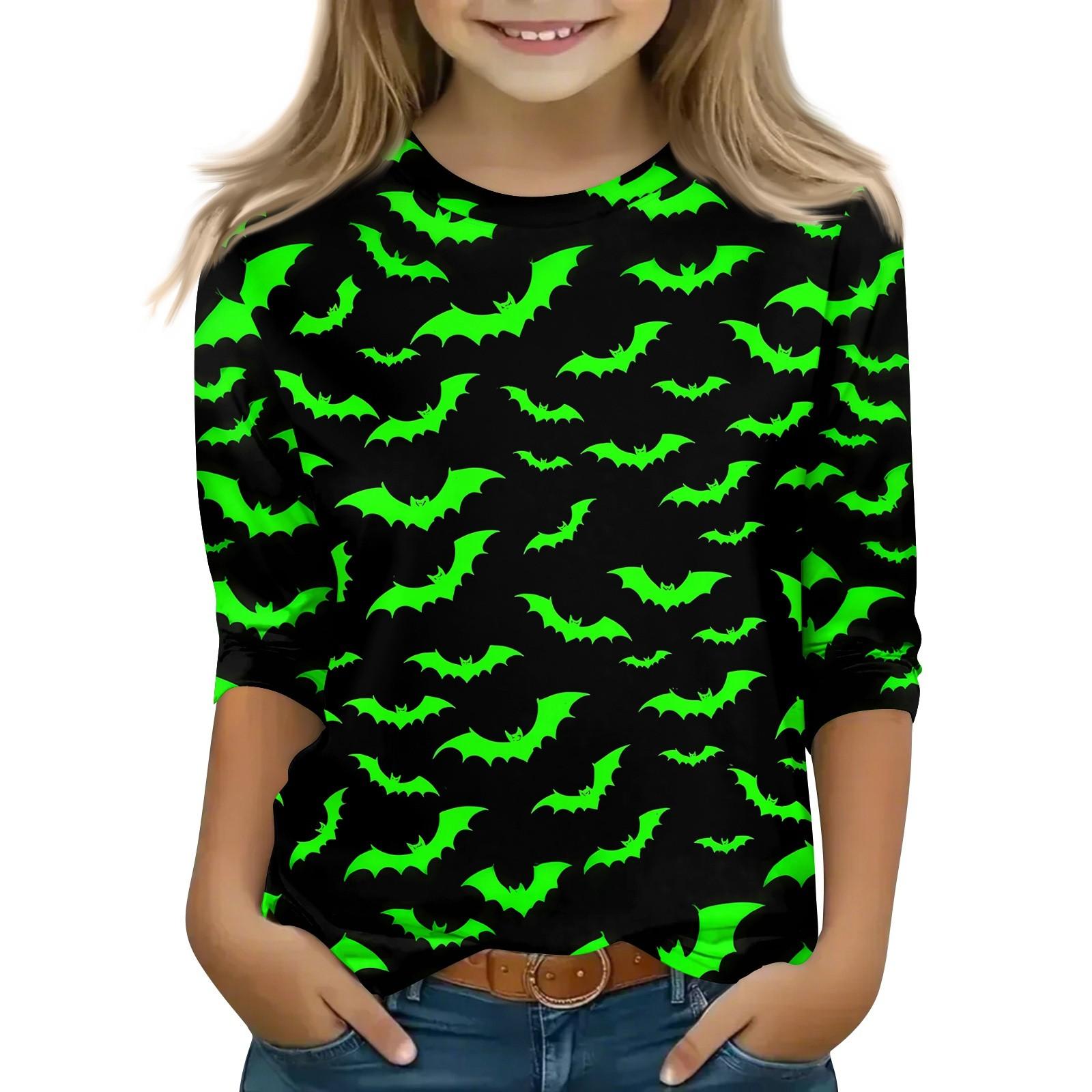 

Детские топы с рукавом 3/4, повседневная футболка с принтом на Хэллоуин, пуловер-блузка с круглым вырезом 160 зелёный