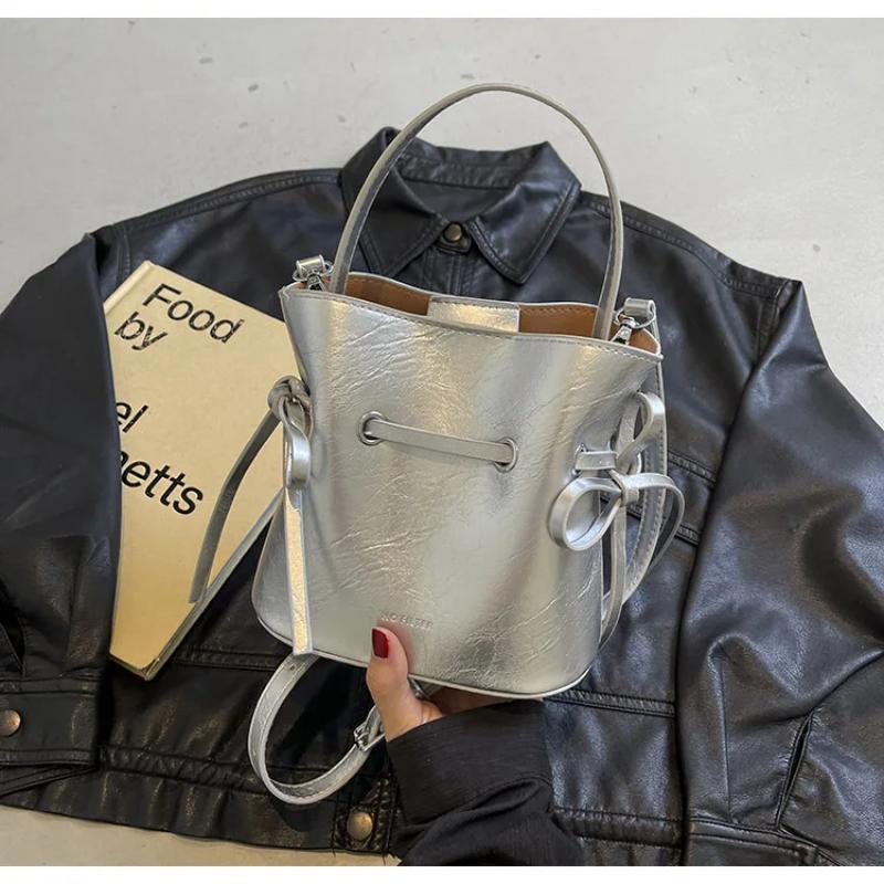 Compact Handbag In Soft Silver Leather For Women Ballet Style Bucket Bag With Bow Elegant Crossbody Bag New Fashion