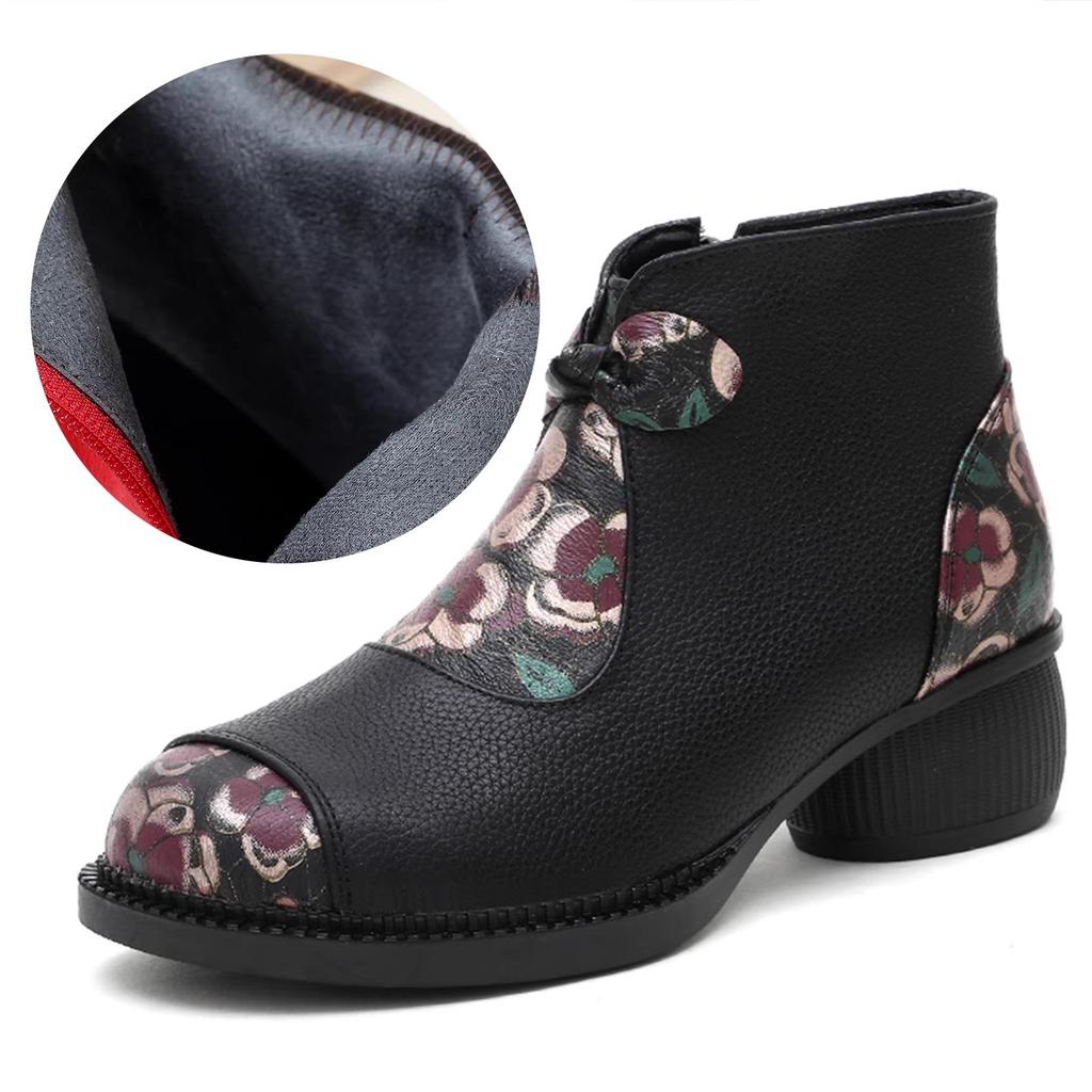 GKTINOO Ethnic Style Mother Shoes Genuine Leather Women's Short Boots  2025 Autumn Winter Round Toe Soft Sole Thick Heels Boots