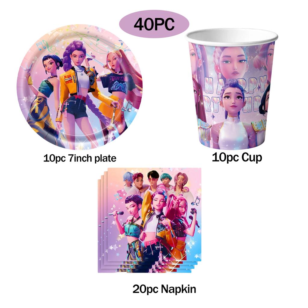K-Pop Kindergeburtstagsparty Zubehör All-in-One Dekorationsset - Papiergeschirr Becher Süßigkeitenbox Geschenktüten Banner für festliche Feiern