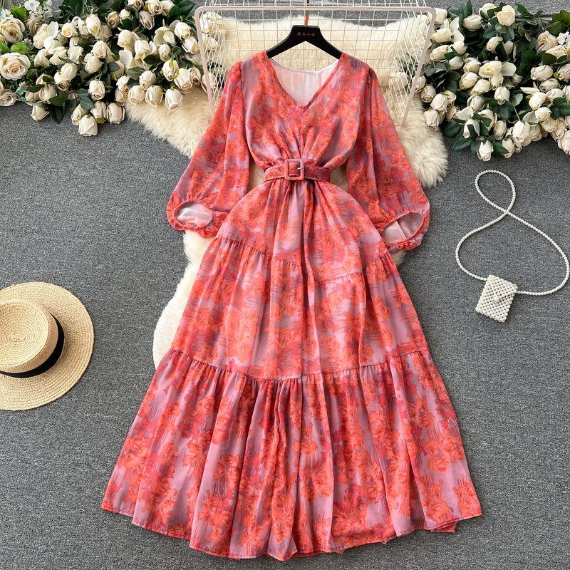 

Retro Spring and Summer Lantern Sleeve Princess Floral Dress Red One size