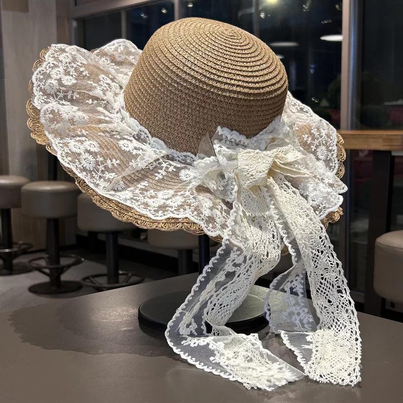 Bow Flower Big Brim Beach Straw Hat Women Spring and Summer New Seaside Sunshade Sun Hat Tide
