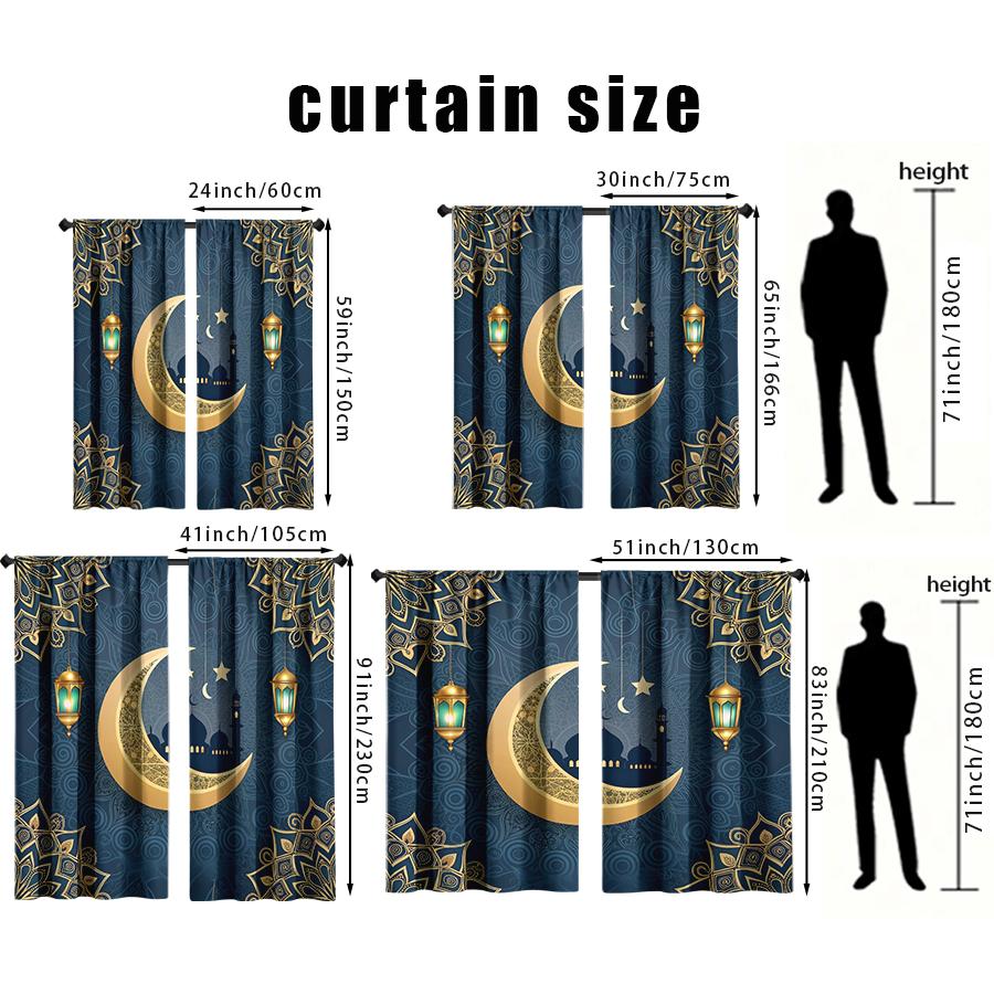 2 Pack Navy Blue and Gold Mandala Crescent Curtains, Flat Print, Ramadan Eid Window Decor, Living Room Bedroom Decor