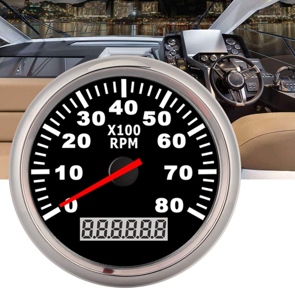 Akozon Pointer Digital Tachometer Waterproof Red LED Backlight Gauge 8000 RPM /24V Marine Hour