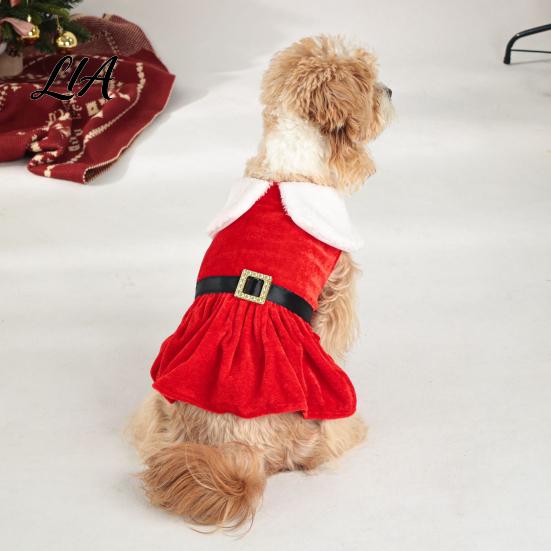 Cute Dog Costume for Christmas Party Velvet Dress, Red Festive Dress with Fleece Collar, Sleeveless Easy to Wear Apparel Puppy Cozy Holiday Small Dogs