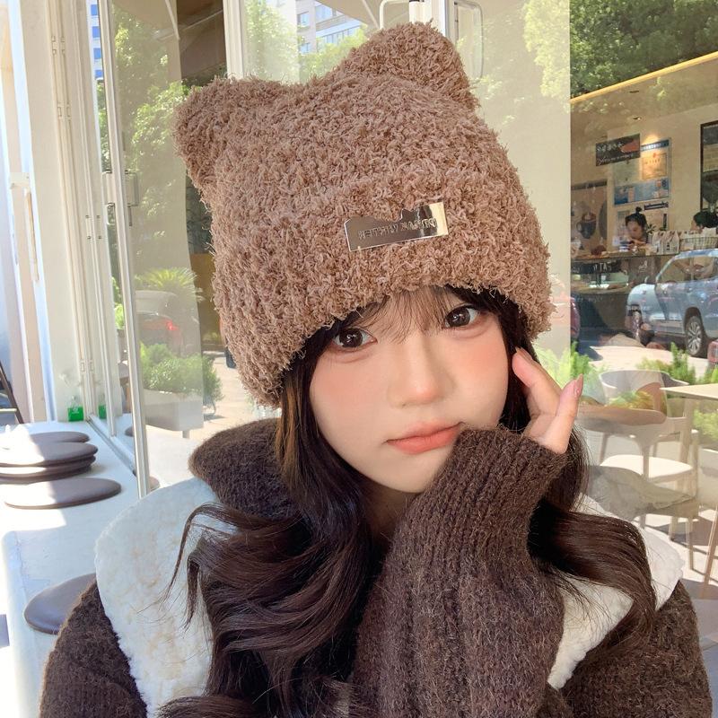 Autumn and Winter Hat Female Cute Bear Plush Hat Winter Warm Ear Protection Hat Knitted Wool Hat