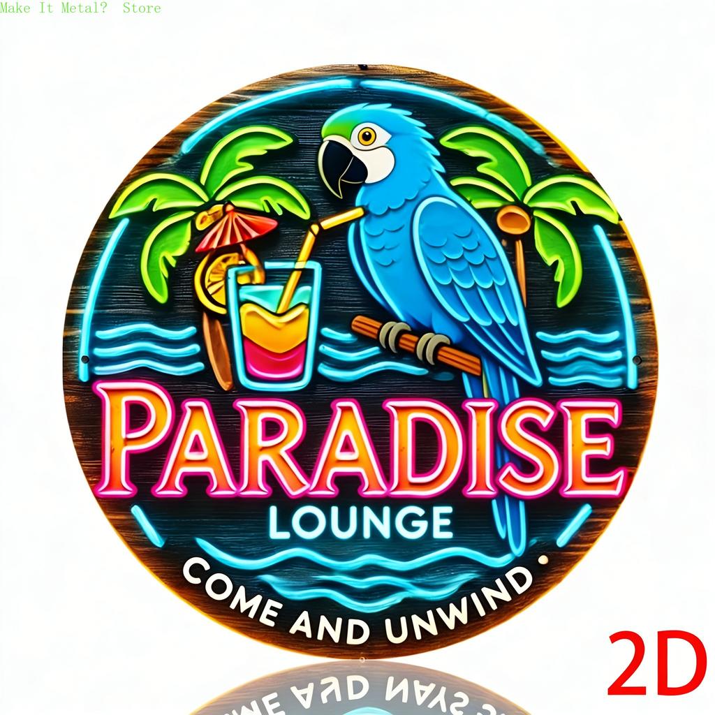 Paradise Lounge Neon Blue Parrot Round Metal Sign D Flat Printing Tropical Tiki Bar Cocktail Design Beachy Wall Decor for