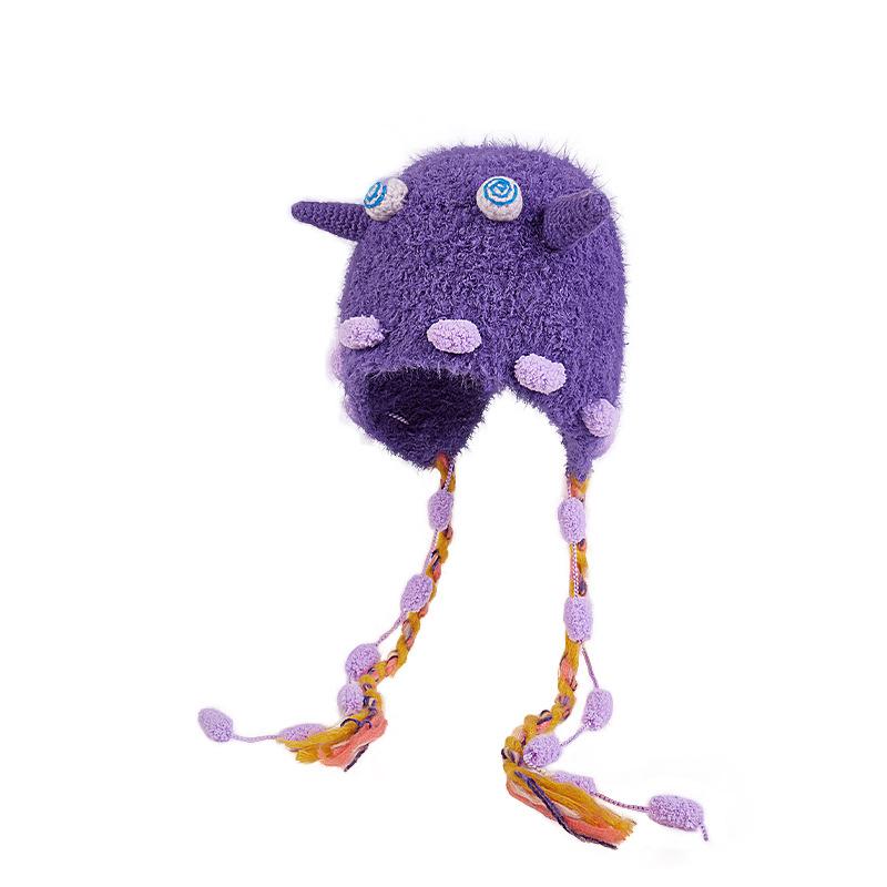 Cute Plush Hat Women's Autumn and Winter Colorful Fringed Braids Knitted Pullover Hat Ear Protector