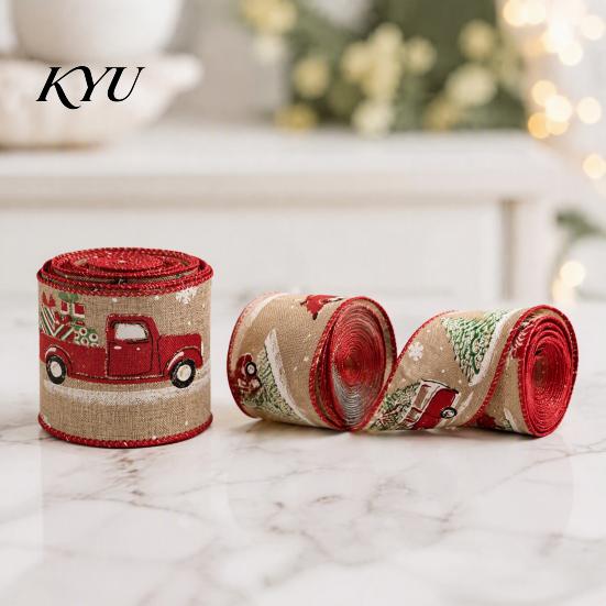 Vintage Style Christmas Ribbon 1 Roll Burlap for Gift Wrapping Tree Decor, Patterned Rustic Holiday Craft Imitation Linen Wired Fabric DIY Crafts And