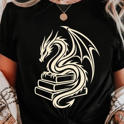 Minimal Dragon Bookworm Shirt | Tattoo Style Tee | Fantasy Book Design