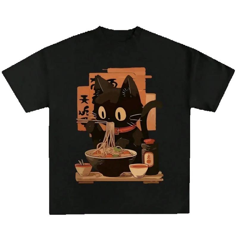 Cat Ramen Noodle Japanese Cat Eating Vintage Men's T-shirts Cotton Casual Printed T-Shirt O Neck Short Sleeve Unisex
