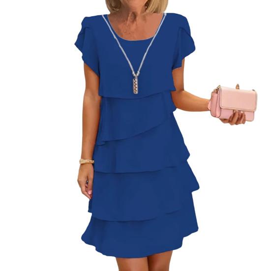 Women Chiffon Dress with Ruched Edge Round Neck Short Sleeves Multi-Layer Design Summer Midi