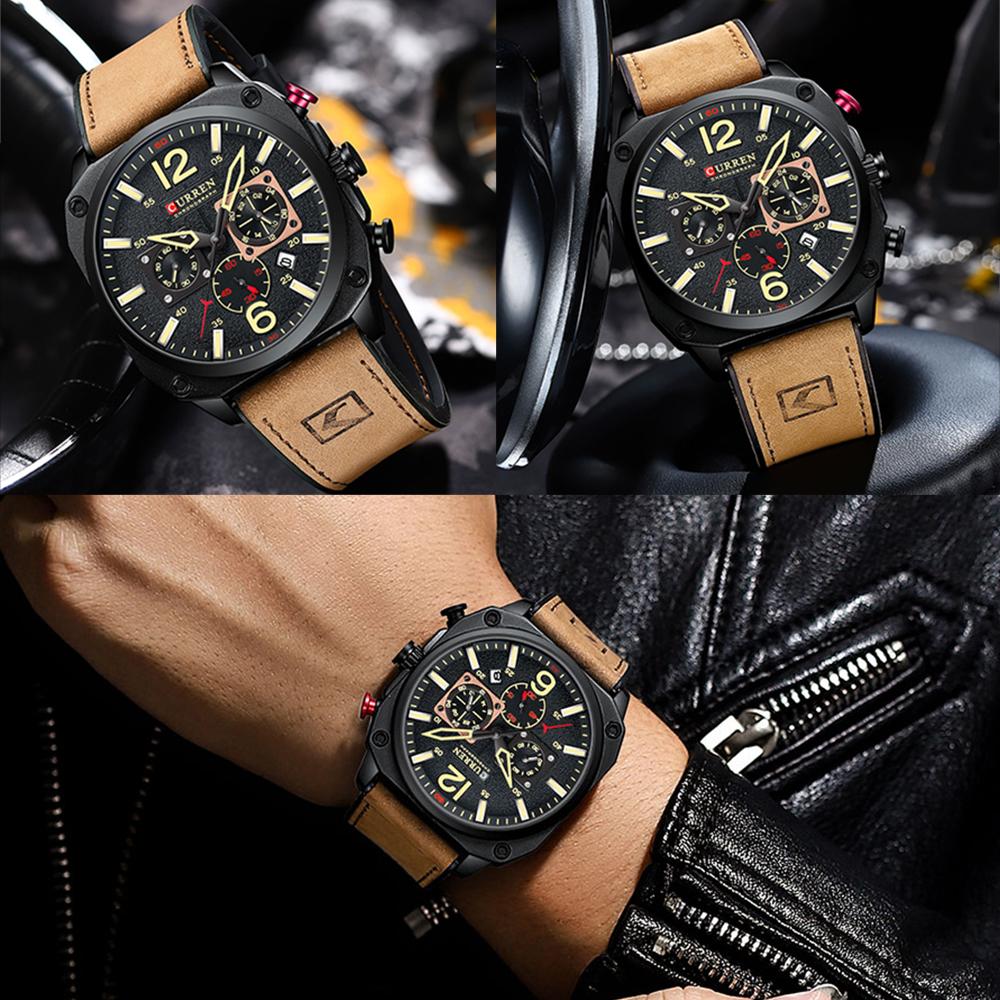 CURREN Marke Luxus Männer Braun Quarz Armbanduhren für Männliche Leuchtende Chronograph Zifferblatt Leder Uhr Casual Sport Uhr