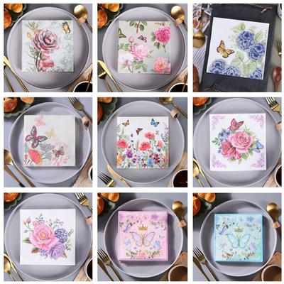 20 piezas/paquete de servilletas de mesa con estampado de mariposas y flores rosas, manteles individuales desechables para fiestas de papel de pulpa de madera
